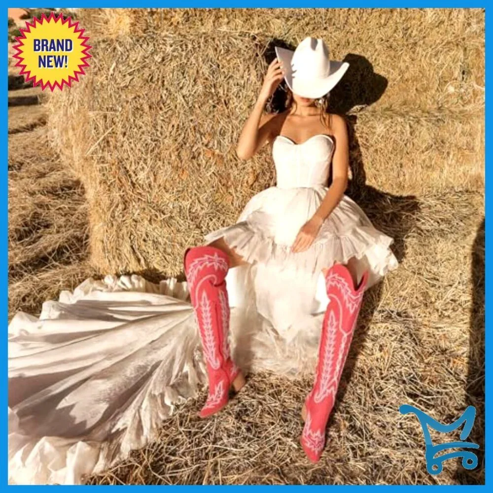 Thigh High Cowboy Boots Pointed Toe Chunky Heel Side Zip Western